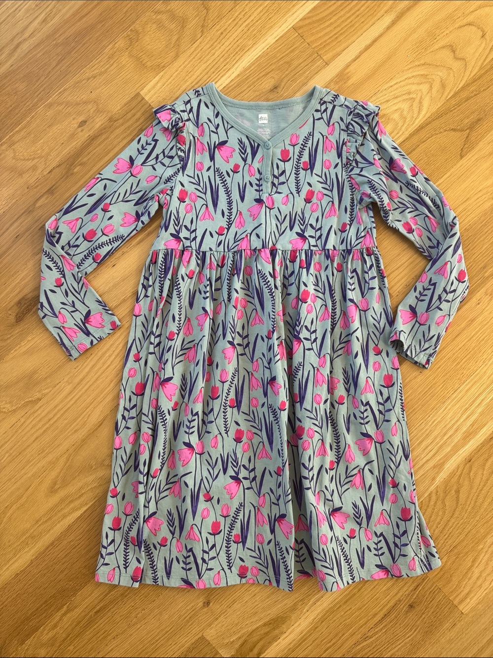 NEW 🌷Tea Collection Blue Floral Long Sleeve Dress with Pink Flowers size 8